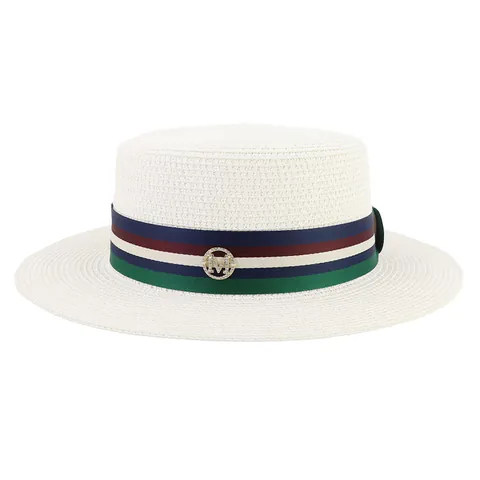 Women Flat Top Boater Hat Summer Paper Straw Sun Hat With Striped Ribbon Metal Logo Rhinestone Wide Brim Beach Vacation Hat