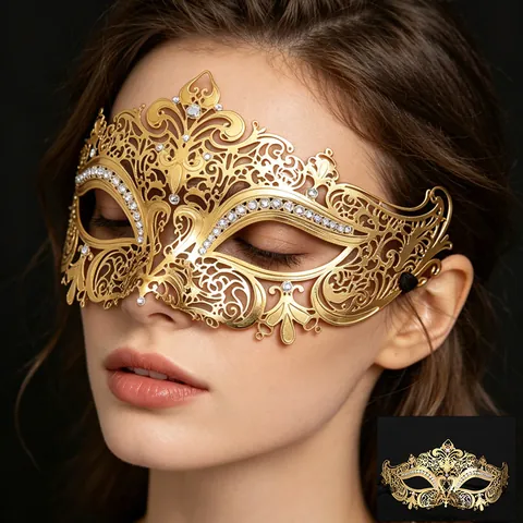 Gold Metal Rhinestone Masquerade Mask Half Face Venetian Mask For Halloween Party Women Men Costumes Performance Props
