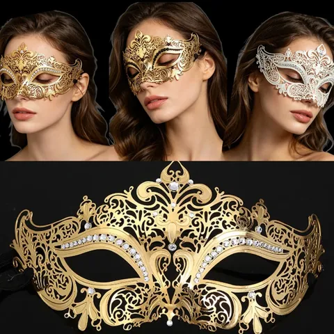 Maskeraden Maske Metall Filigran Strass Laser Geschnitten Venezianische Halloween Party Ball Zubehör Für Frauen