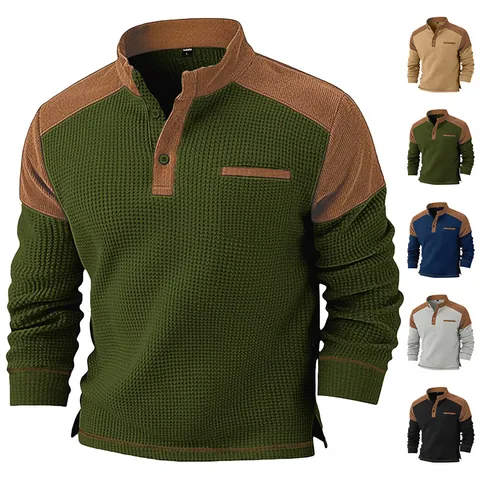 Felpa Da Uomo In Maglia A Nido D Ape Patchwork Velluto A Coste Henley Collo Alto Manica Lunga Color Block Maglione Casual
