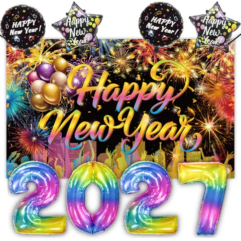 Bannière De Fond Bonne Année Polyester Feu d'Artifice Ballons Décoration De Fête Festive Photographie Murale