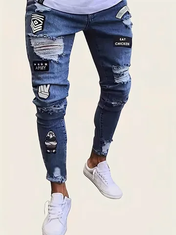 Herren Slim Fit Ripped Jeans Mit Streetwear Stickerei-Aufnähern Distressed Marineblau Baumwollmischung Denim Hose Hip Hop
