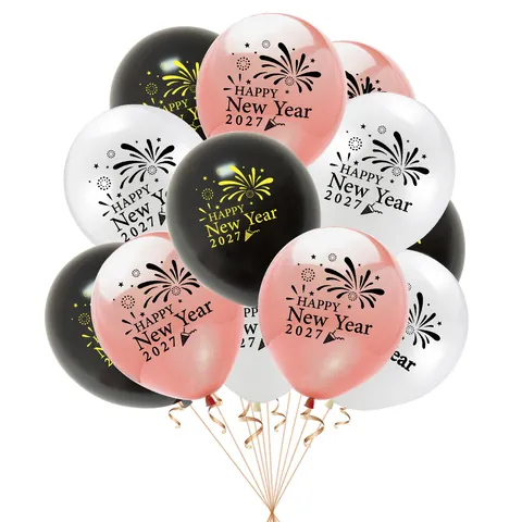 Globos de Látex Happy New Year 2027 Oro Rosa Negro Blanco Estampado Fuegos Artificiales para Decoración de Fiesta Hogar