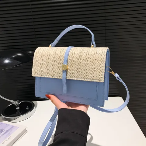 Women Patchwork Straw Weaving Crossbody Bag PU Leather Candy Color Shoulder Bag With Top Handle And Metal Buckle Vacation Messenger Bag