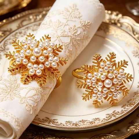 Ronds De Serviette De Noël Alliage Métal Künstliche Perle Strass Flocon De Neige Renne Arbre Décoration De Table De Fête Banquet