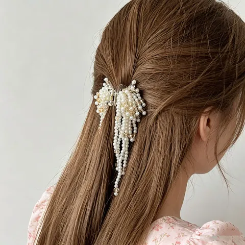 Pinza Para El Pelo Elegante Con Borlas De Perlas Artificiales Largas Cuentas De Cristal Aleación Brillante Estilo Coreano Para Mujeres