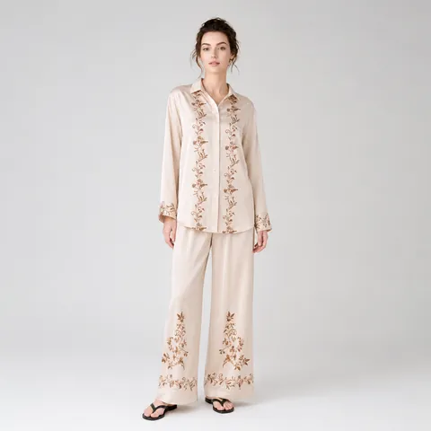 Damen Satin Pyjama-Set Blumenstickerei Langarm Button-Down Hemd Und Lange Hose Lässiges Elegantes Loungewear-Set