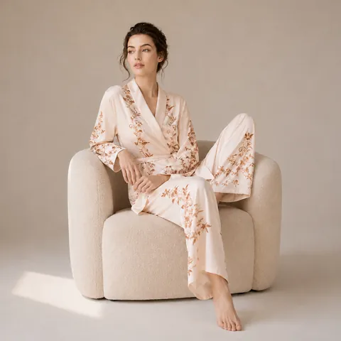 Damen Satin Pyjama-Set Blumenstickerei Langarm Button-Down Hemd Und Lange Hose Lässiges Elegantes Loungewear-Set
