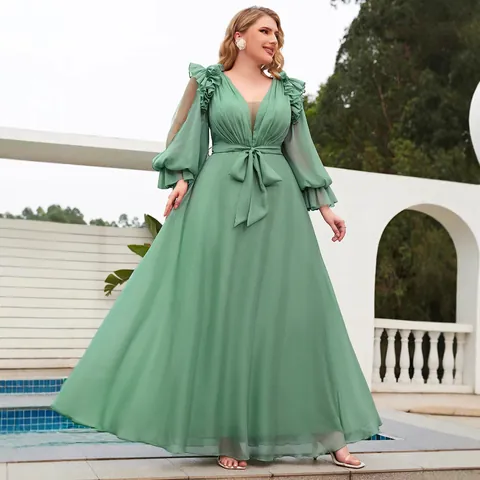 Women Plus Size Elegant V Neck Tencel Chiffon Maxi Dress Ruffle Lantern Sleeve Belted A Line Evening Party Wedding Gown Green