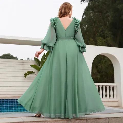 Women Plus Size Elegant V Neck Tencel Chiffon Maxi Dress Ruffle Lantern Sleeve Belted A Line Evening Party Wedding Gown Green