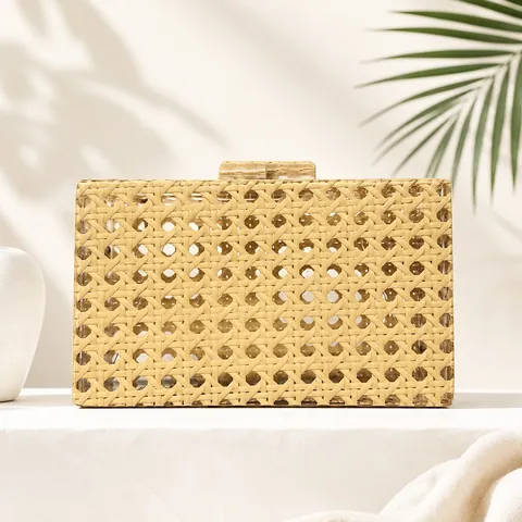 Vintage Woven Clutch Bag For Women Acrylic Rattan Texture Box Evening Handbag With Chain Strap