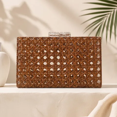 Vintage Woven Clutch Bag For Women Acrylic Rattan Texture Box Evening Handbag With Chain Strap