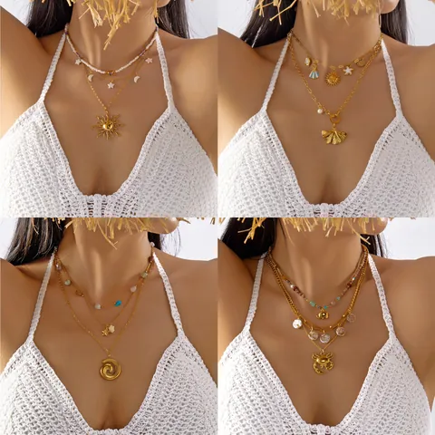 Bohemian Double Layer Stainless Steel Ocean Shell Sun Pendant Necklace Gold Plated Summer Beach Resort Jewelry For Women