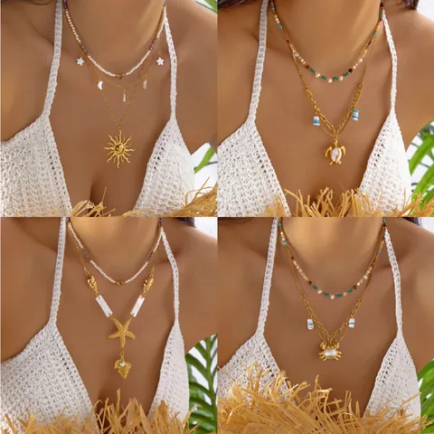 Bohemian Double Layer Stainless Steel Ocean Shell Sun Pendant Necklace Gold Plated Summer Beach Resort Jewelry For Women