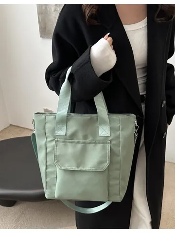 Women Large Capacity Nylon Tote Bag Korean Style Shoulder Crossbody Bag With Front Flap Pocket Adjustable Strap Handbag