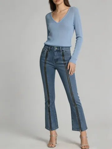 Jeans Évasés à Taille Haute pour Femmes Avec Fermeture Éclair Longue à l'Avant Pantalons en Denim Lavé Bleu Texture Gaufrée
