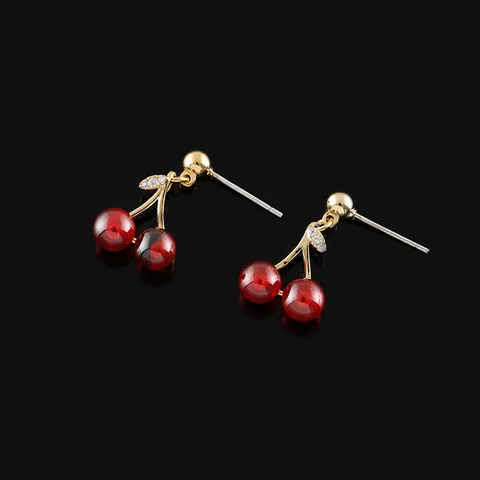 Pendientes de Gota de Cereza Rojo Granate Dulces Cobre Chapado en Oro Circonia Fruta Pendientes para Mujer Joyería de Moda