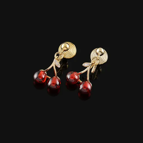 Pendientes de Gota de Cereza Rojo Granate Dulces Cobre Chapado en Oro Circonia Fruta Pendientes para Mujer Joyería de Moda