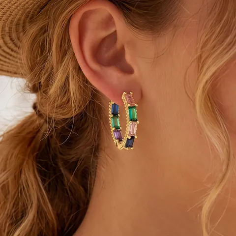 18K Gold Plated Copper Hoop Earrings With Colorful Baguette Zirconia Lightweight Minimalist Fashion Jewelry For Women Daily Wear