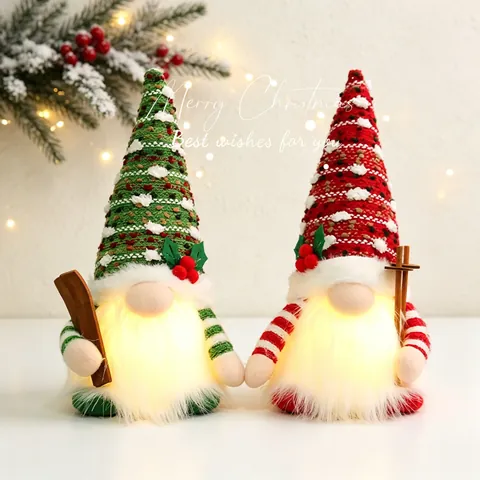 Gnomo De Navidad LED Brillante Peluche Muñeco Tomte Tejido Decoración De Mesa Accesorios De Esquí De Madera
