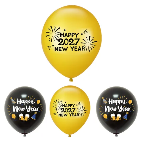Happy New Year Balloons 2026 Latex Party Decorations Black Gold Printed Round Festive Ornament