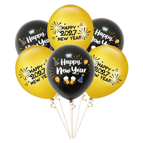 Happy New Year Balloons 2026 Latex Party Decorations Black Gold Printed Round Festive Ornament