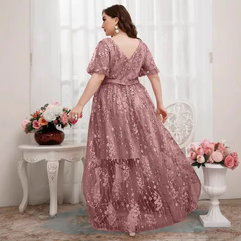 Plus Size Women V-Neck Floral Embroidery Mesh Evening Dress High-Low Hem Elegant Lace Party Prom Dress With Belt Gown