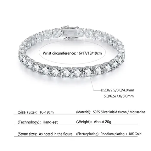 925 Sterling Silver Moissanite Rhinestone Tennis Bracelet Hip Hop Fashion Unisex Sparkling Link Bracelet Jewelry Gift