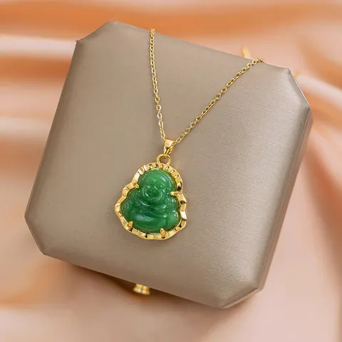 Collana con Pendente Buddha Maitreya in Stile Cinese Minimalista Acciaio Inossidabile Placcato Oro Imitazione Giada Gioielli Donna