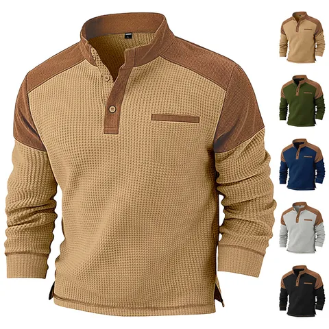 Polo Da Uomo A Maniche Lunghe In Maglia A Nido D'Ape Velluto A Coste Patchwork Color Block Collo Henley Casual
