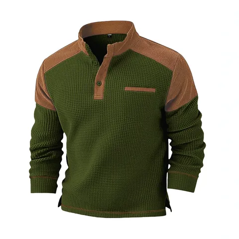 Polo Da Uomo A Maniche Lunghe In Maglia A Nido D'Ape Velluto A Coste Patchwork Color Block Collo Henley Casual