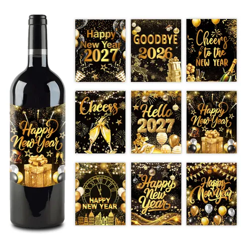 Autocollants de Bouteille de Vin Nouvel An 2027 Noir et Or Décoration de Fête du Nouvel An Cheers Étiquettes Adhésives Festives Décor