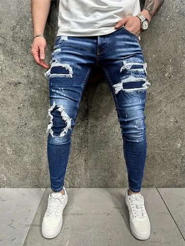Jeans Skinny Strappati Moda Occidentale da Uomo Pantaloni in Denim Distressed a Vita Alta Elasticizzati Skinny Fit per Streetwear Quotidiano