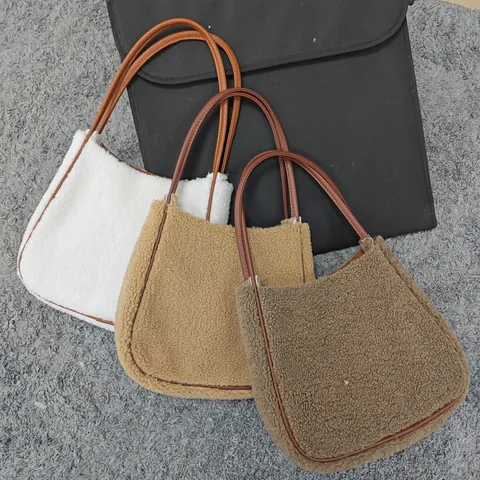 Damen Wildleder-Optik Lammfell-Imitat Handtasche Kontrastfarbe Schultertasche Unterarm-Tote PU-Ledergurt Retro Winter Lässig Umhängetasche