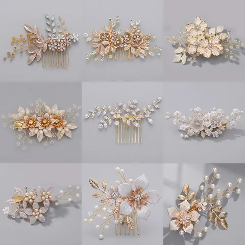 Bridal Hair Comb Handmade Artificial Pearl Rhinestone Flower Leaf Wedding Accessory Retro Headpiece Elegant Jewelry For Women