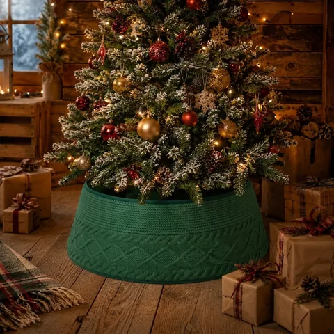 Nordique Grosse Maille Cache-pied de Sapin Noël Torsades Losanges Polyester Anneau Sapin pour Maison Décoration Fête Cadeau