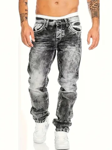 Men's Streetwear Slim Fit Denim Jeans Vintage Acid Wash Contrast Stitching Cotton Blend Long Pants For Daily Casual Wear