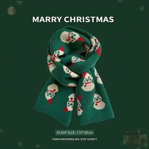 Écharpe de Noël Femme Acrylique Doux Tricoté Jacquard Motifs Bonhomme de Neige Père Noël Sapin de Noël Écharpe de Fête