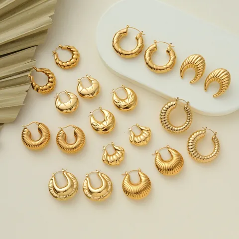 Boucles d'Oreilles Créoles en C en Acier Inoxydable Plaqué Or 18K Vintage pour Femme Bijoux Rétro Texturés Croissant