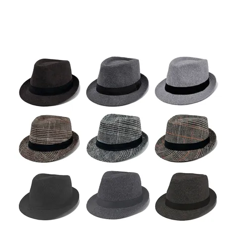 Herren Vintage Fedora Hut Kurze Krempe Wollfilz Jazz Hut Mit Schwarzem Band Gestreift Kariert Formelle Party Gentleman Kappe