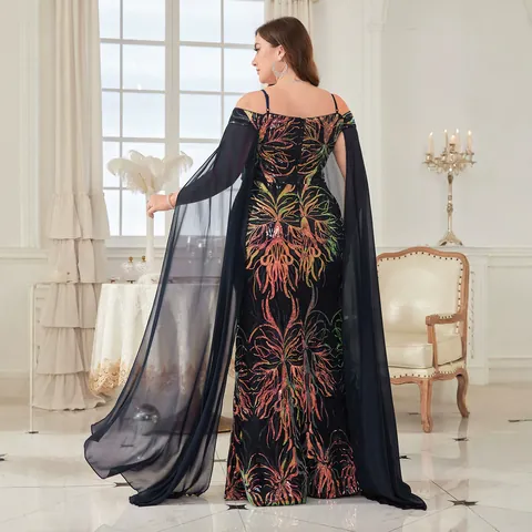 Abito da Sera Donna Taglie Forti con Paillettes Spalle Scoperte Abito Maxi Aderente con Maniche a Mantella per Matrimonio Festa
