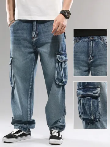 Herren Loose Straight Leg Cargo Jeans Baumwollmischung Mehrere Taschen Gewaschene Denim Hose Hip Hop Streetwear Casual Hose
