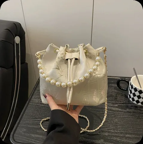 New Chinese Style Satin Bucket Bag For Women Elegant Artificial Pearl Handle Embroidered Floral Shoulder Bag With Chain Strap
