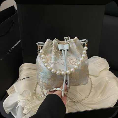 New Chinese Style Satin Bucket Bag For Women Elegant Artificial Pearl Handle Embroidered Floral Shoulder Bag With Chain Strap