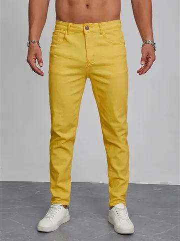 Jeans Slim Fit da Uomo Gialli Pantaloni in Denim di Cotone Elastan Alta Elasticità Casual Moda Pantaloni Skinny Uomo