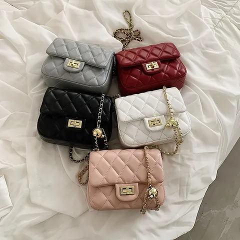 Women Quilted Shoulder Bag Gold Ball Adjustable Chain Strap PU Leather Rhombic Pattern Crossbody Fashion Daily Square Bag