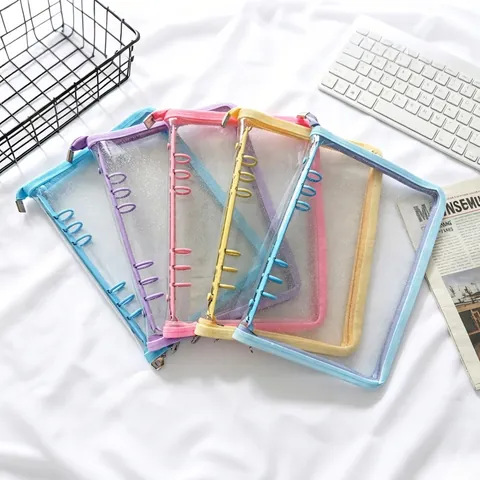 Raccoglitore Trasparente Glitter PVC 6 Fori Copertina Notebook Colore Macaron Borsa Organizer Cerniera Per Collezione Fotocarte