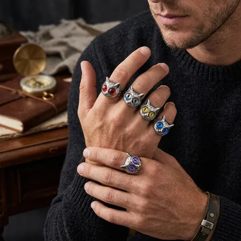 Vintage Cat Head Ring Titanium Steel Gothic Punk Distressed Animal Jewelry With Colored Gemstone Eyes For Men Women