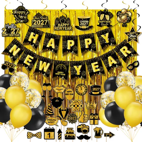 2027 Felice Anno Nuovo Decorazione Festa Palloncino Banner Tenda a Frange Accessori Foto per Celebrazione Tema Nero Oro