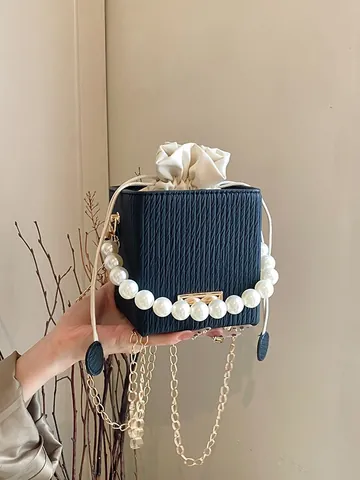 Sac Seau Boîte Cube Femme Poignée Perle Texture Plissée Cuir PU Cordon Bandoulière Sac à Main Mode Quotidien Fête
